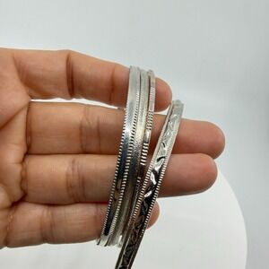 Y2K Silver Tone Stackable Bangle Set - Textured & Engraved Bracelets